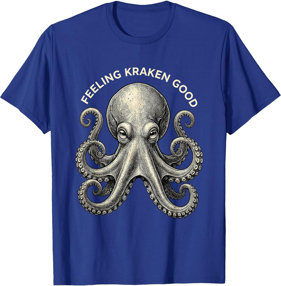 Feeling Kraken Good Crosshatch Octopus Portrait Ocean Animal T-Shirt - Royal Blue
