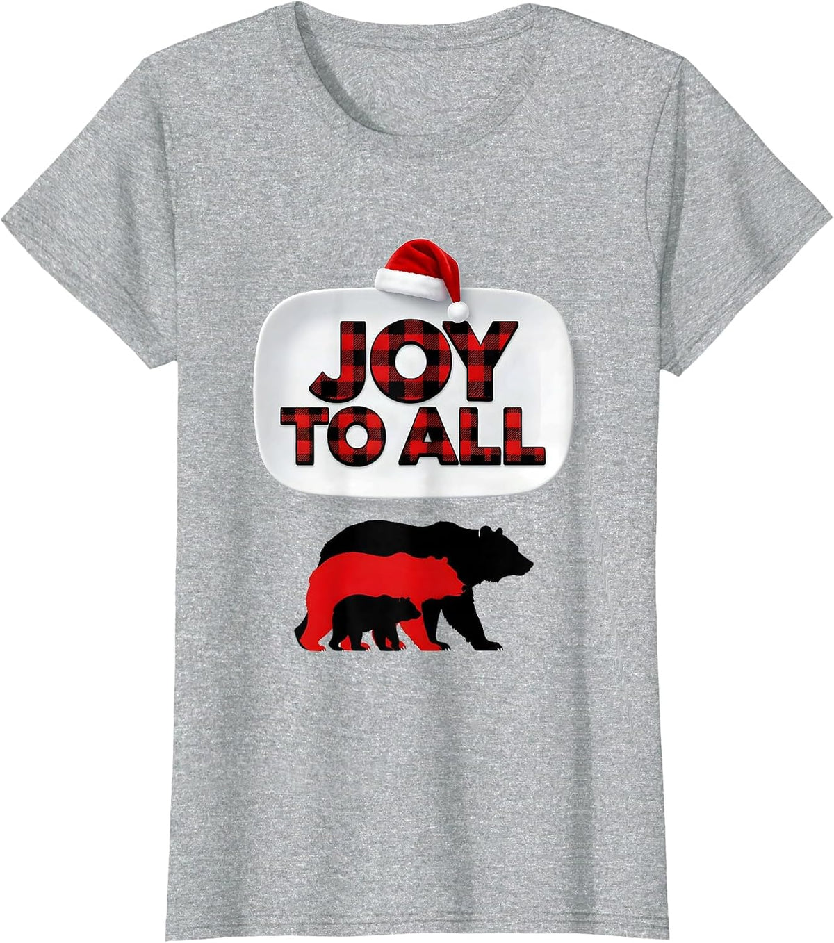 Women's Joy To All Buffalo Plaid Bear Family Christmas Pajama Gift T-Shirt - Heather Grey