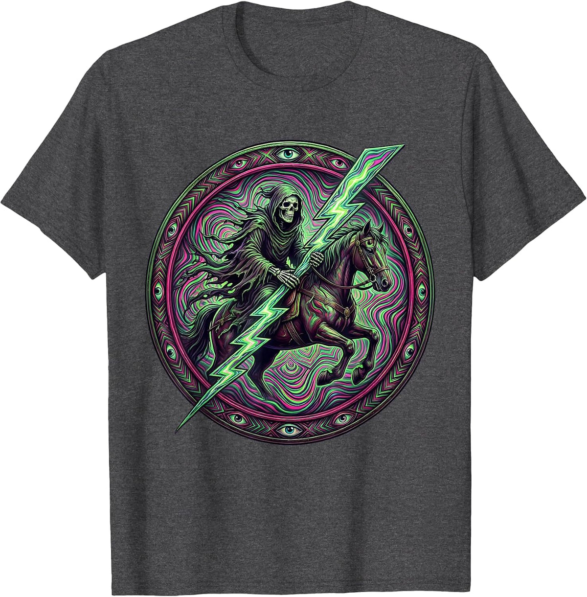 Grim Reaper Riding Lightning Bolt Heavy Metal T-Shirt - Dark Heather Grey