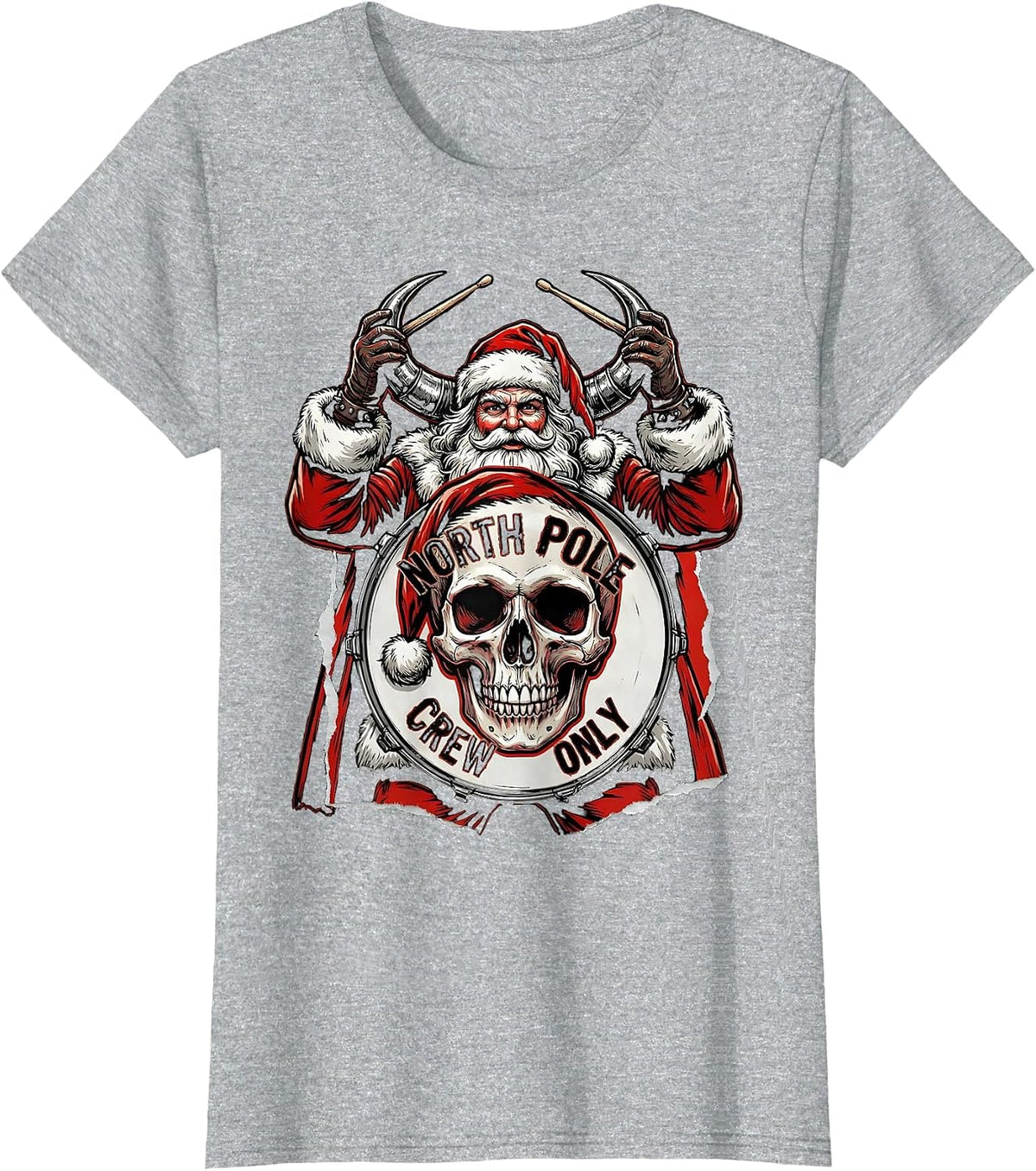 North Pole Crew Only Punk Metal Santa Heavy Metal Christmas T-Shirt - Heather Grey