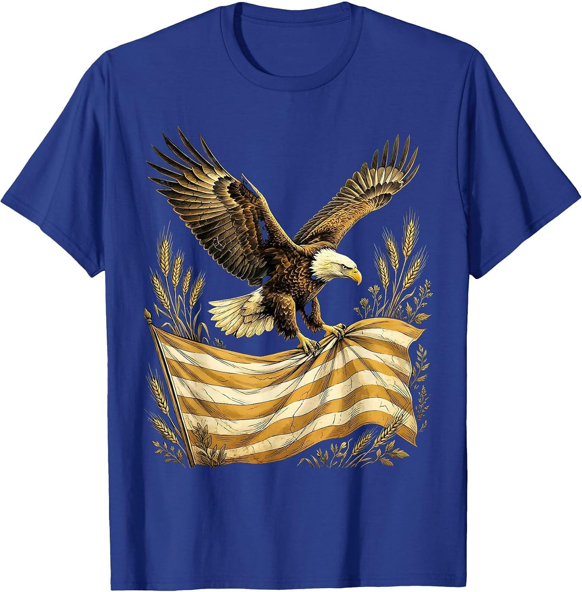 Men's Bald Eagle in Flight Over Waving Flag Illustration T-Shirt - Royal Blue