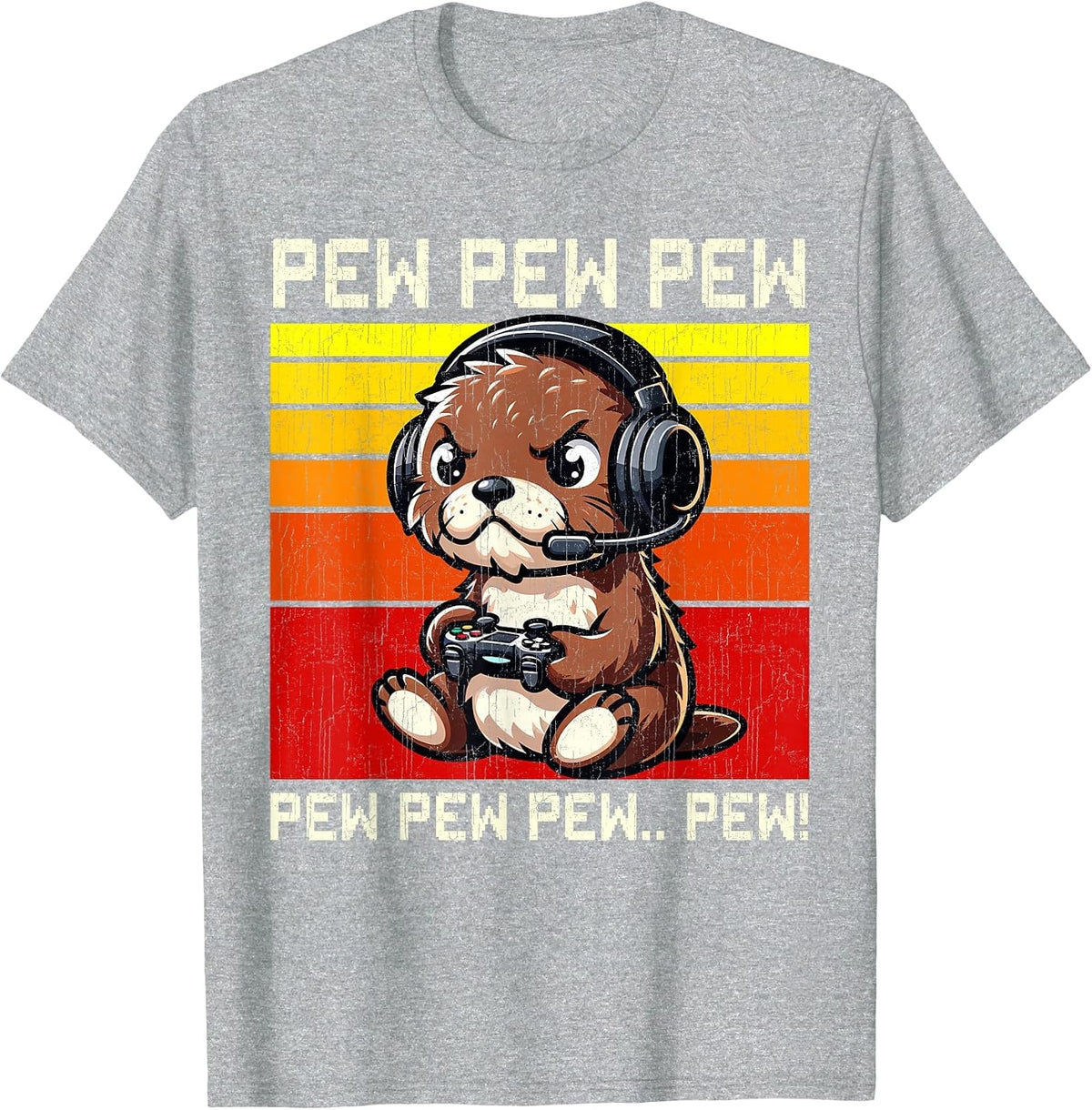 Otter Gamer Pew Funny Video Games Vintage Boys Men Girls T-Shirt - Heather Grey