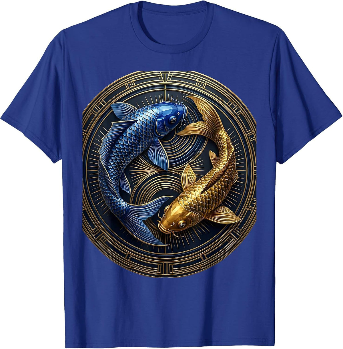 Blue and Gold Koi Fish Chase Graphic Design T-Shirt - Royal Blue