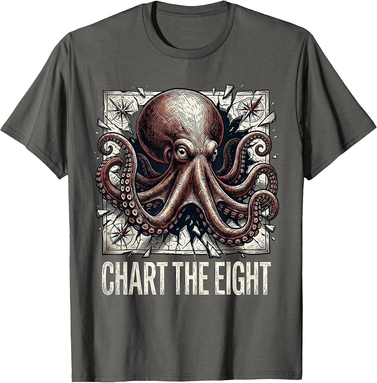 Chart The Eight Formidable Octopus Sea Creature Woodcut T-Shirt - Asphalt Grey