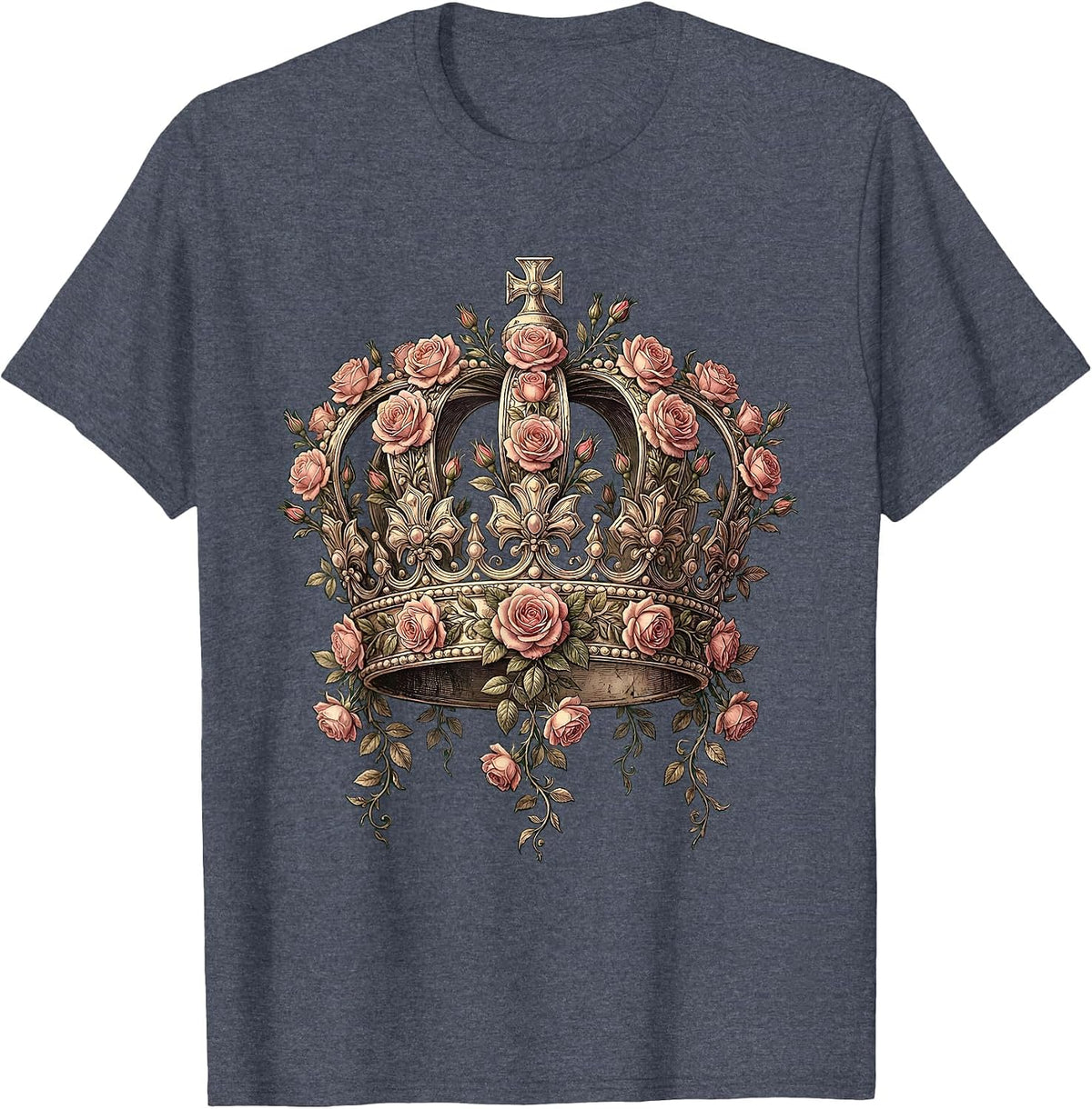 Gigi Crown Blooming Roses Floral Illustration T-Shirt - Heather Blue