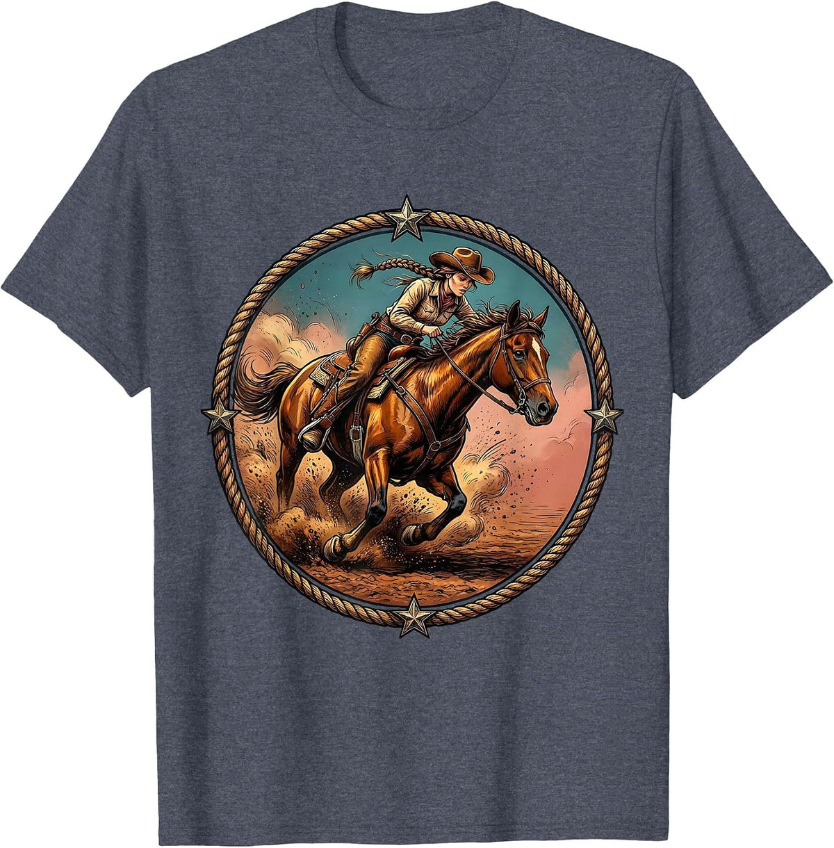 Barrel Racing Cowgirl With Braids Illustration T-Shirt - Heather Blue