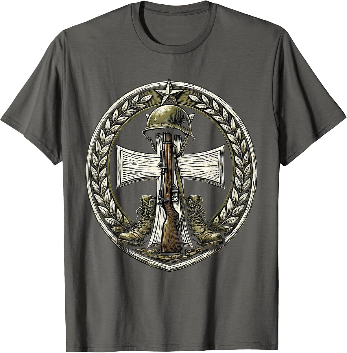 Proud Army Mom Soldier Helmet Memorial Graphic T-Shirt - Asphalt Grey
