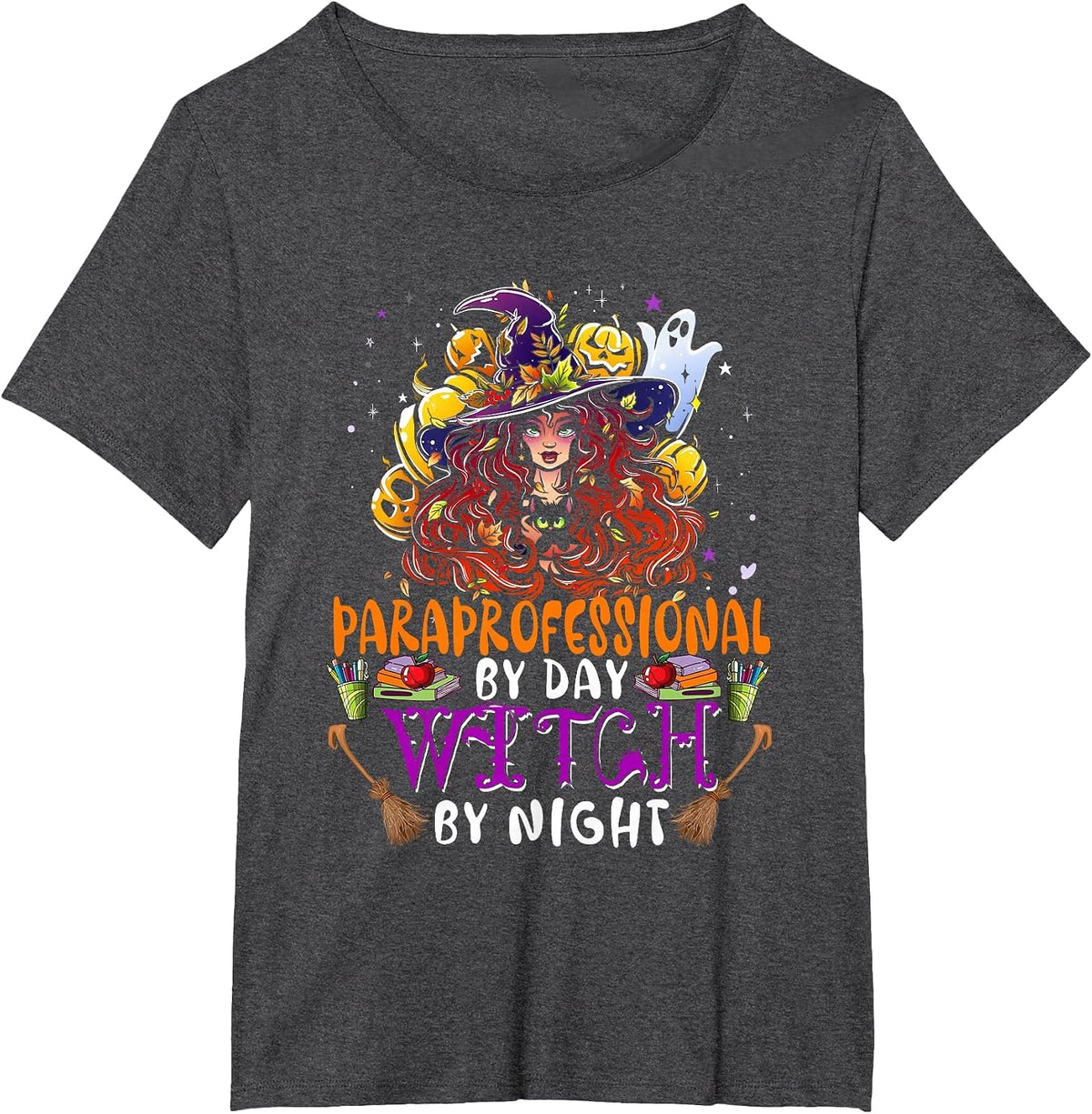 Paraprofessional By Day Witch By Night Funny Witch with Cat T-Shirt - Dark Heather Grey