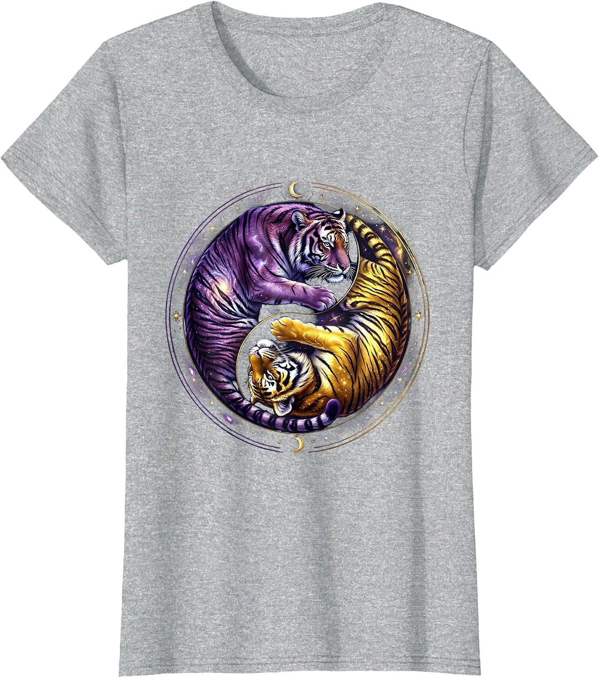 Twin Tigers Yin Yang Balance Graphic Design T-Shirt - Heather Grey