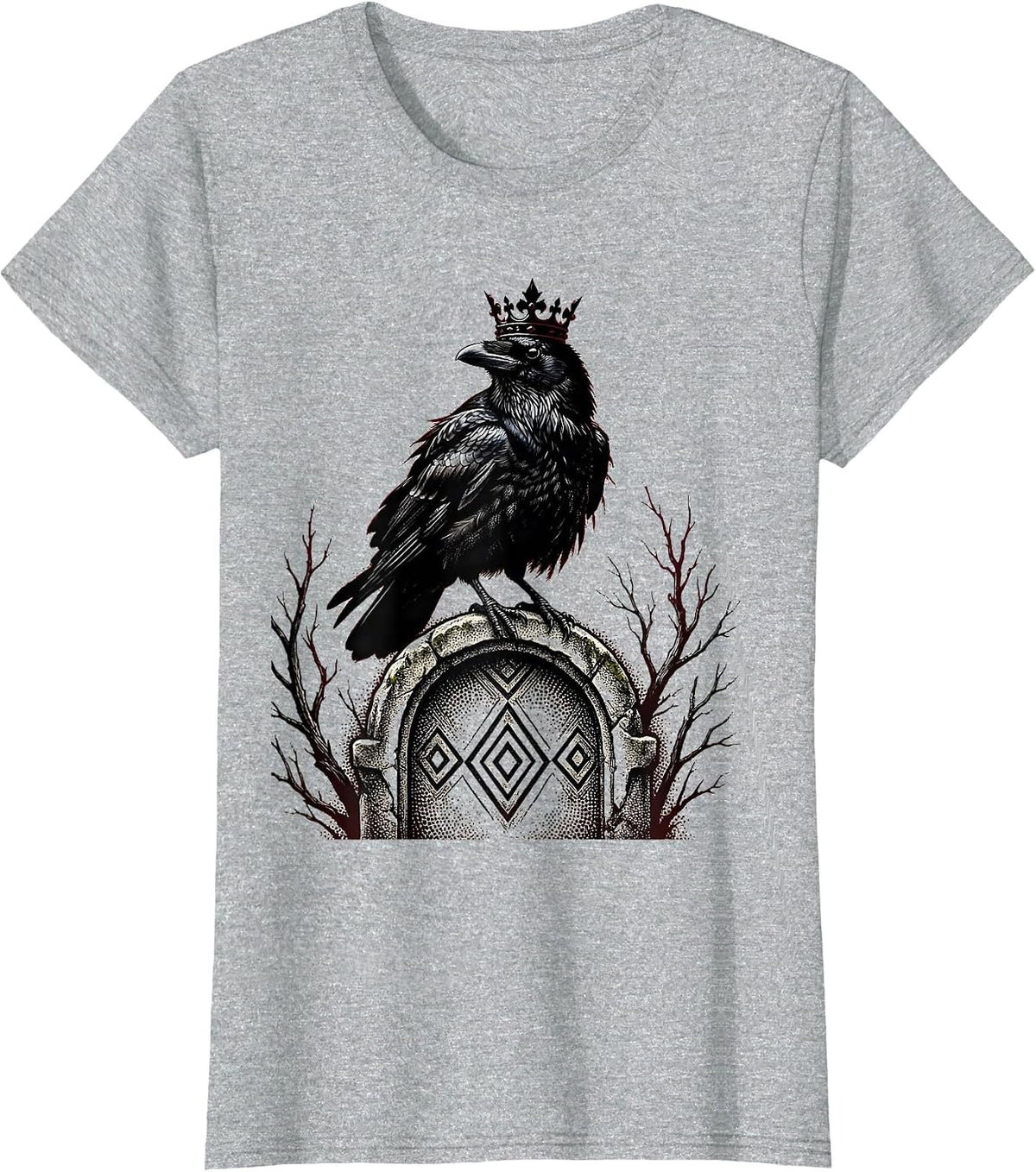 Crow King Gravestone Gothic Halloween Design T-Shirt - Heather Grey