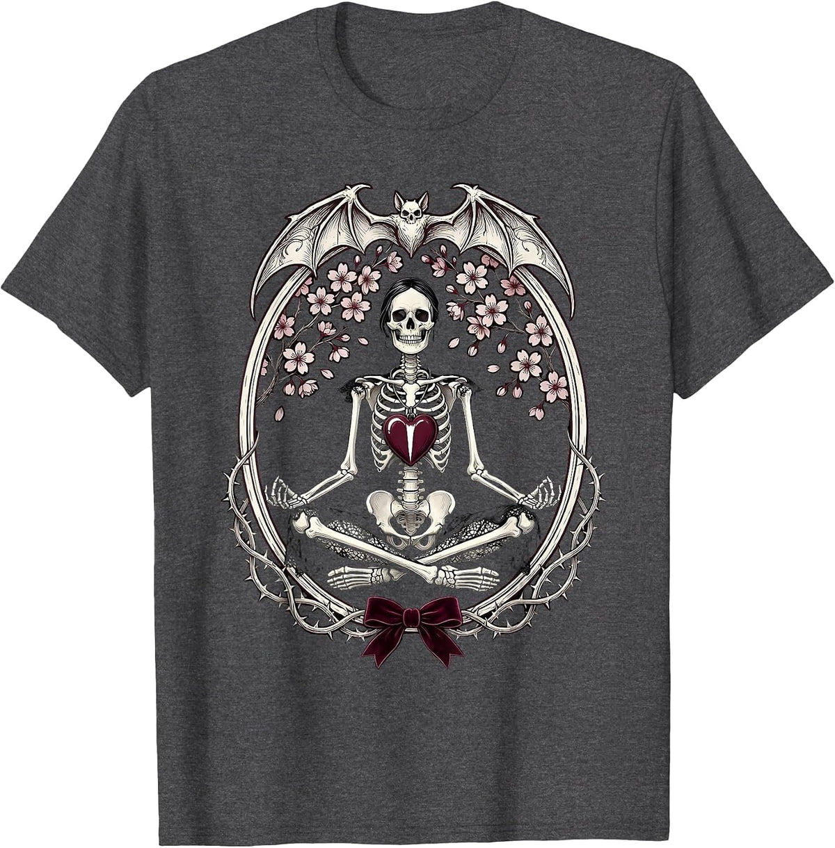 Skeleton Meditating Under Cherry Blossom Tree T-Shirt - Dark Heather Grey