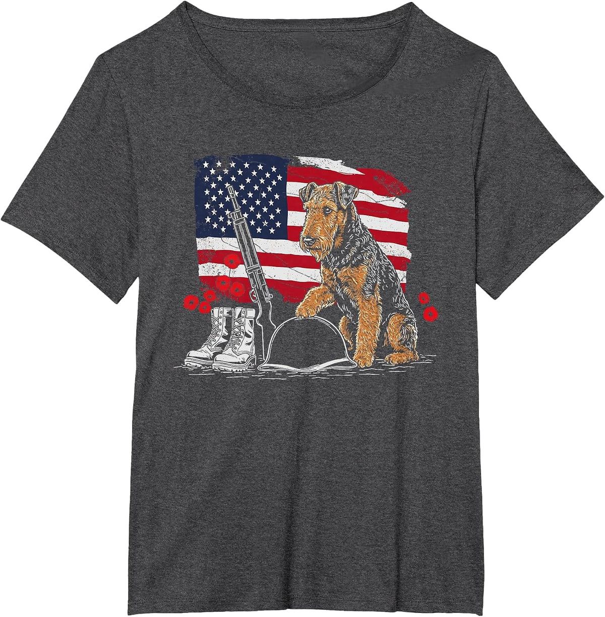 Airedale Terrier American USA Flag Memorial Day 4th of July T-Shirt - Dark Heather Grey