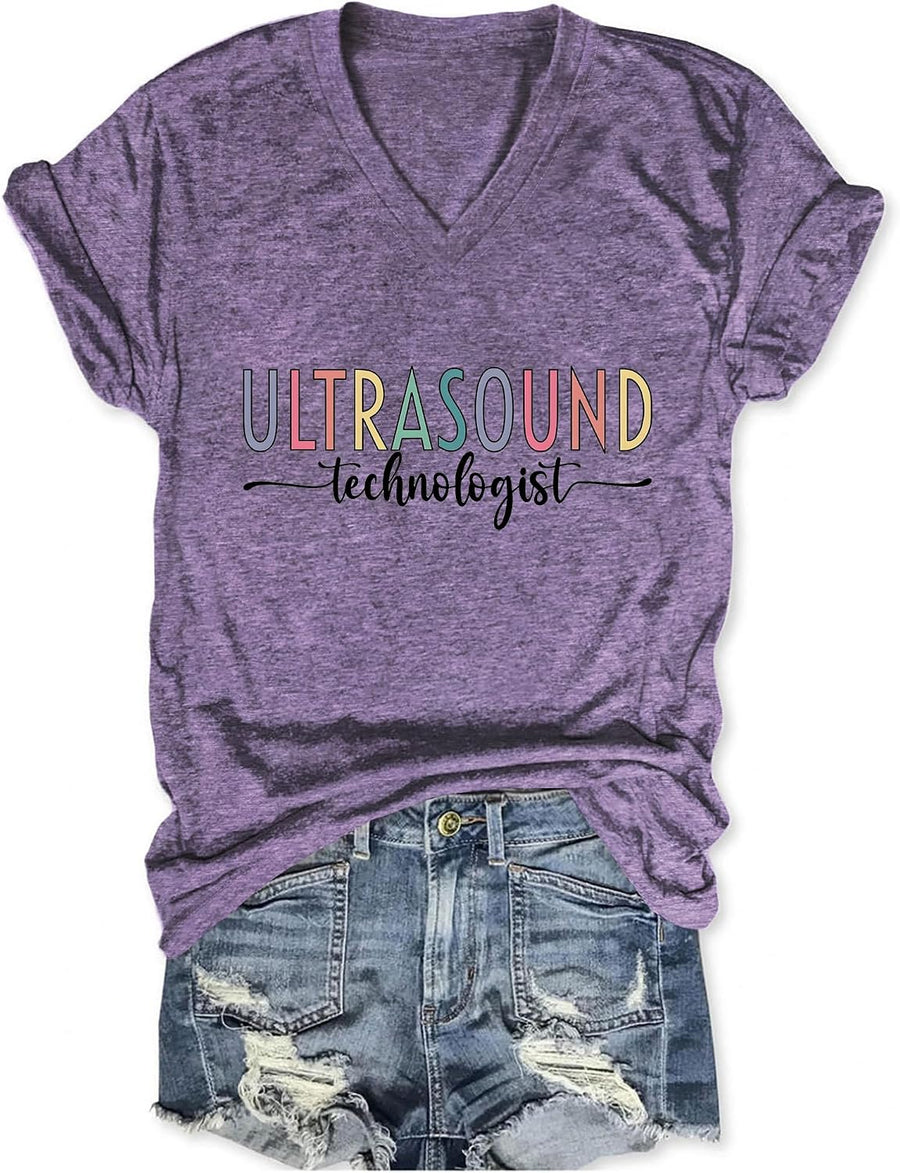 Ultrasound Technologist Shirts Casual Graphic V Neck Short Sleeve Tees Cotton Blend Summer Tops for Holiday - Purple