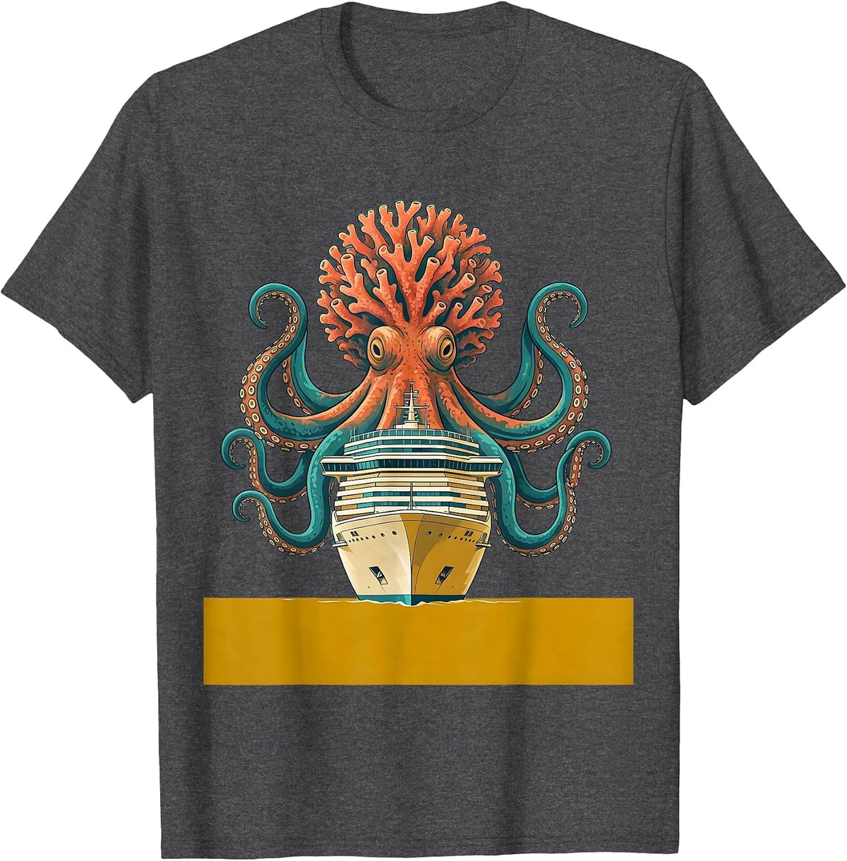 Men's Giant Octopus Attacking Cruise Ship Illustration T-Shirt - Dark Heather Grey