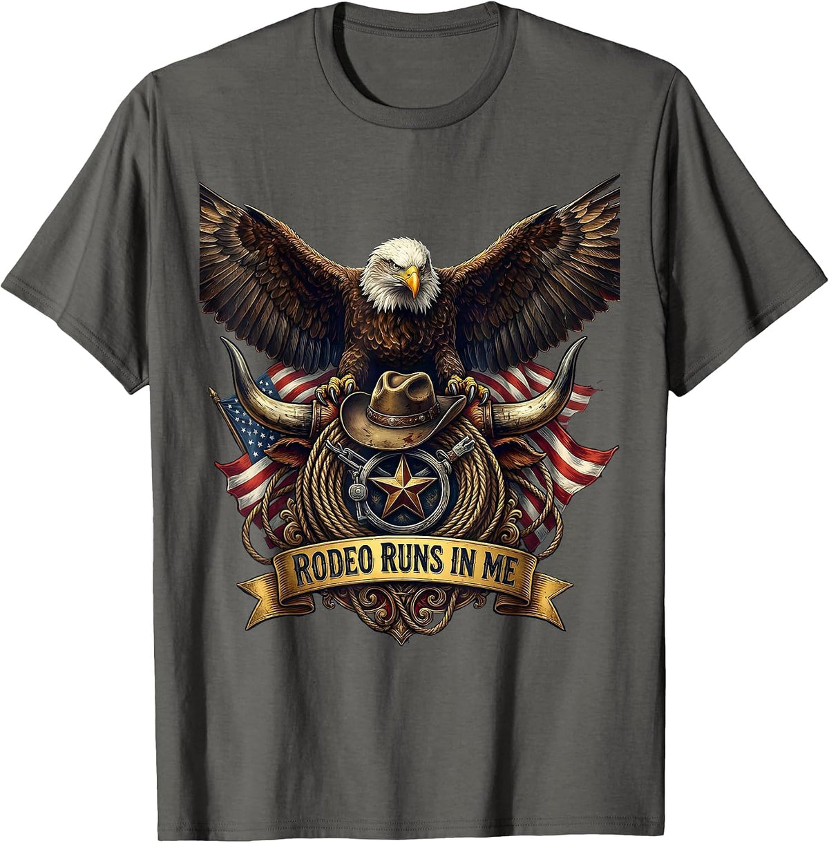 Men's Rodeo Runs In Me Western Cowboy Design T-Shirt - Asphalt Grey