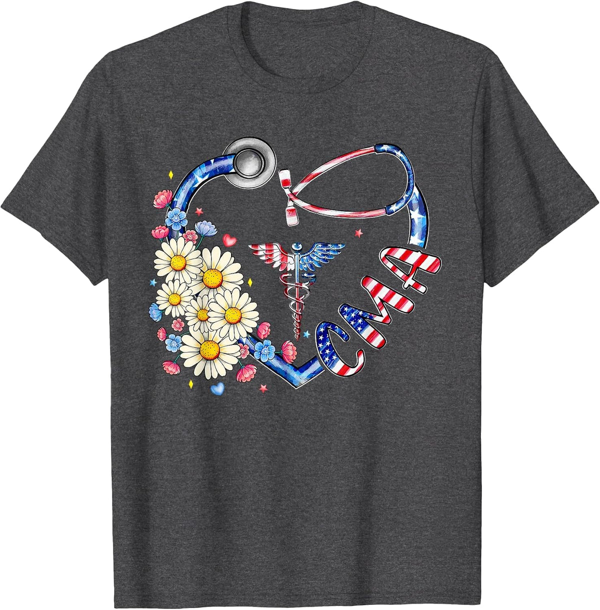Certified Medical Assistant CMA 4th July American Flag Heart T-Shirt - Dark Heather Grey