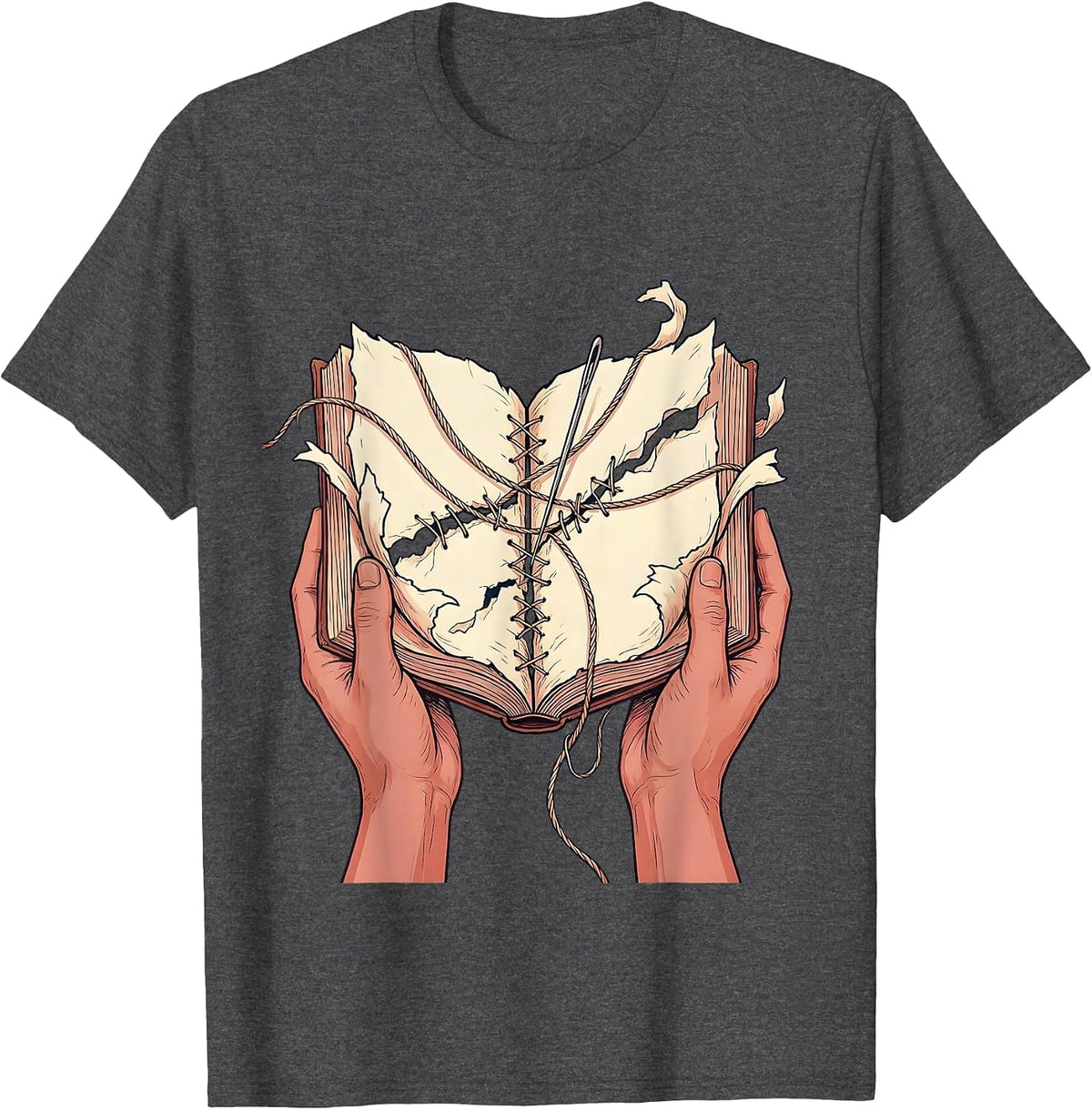 Mending Pages Hand Stitching Torn Book Art T-Shirt - Dark Heather Grey