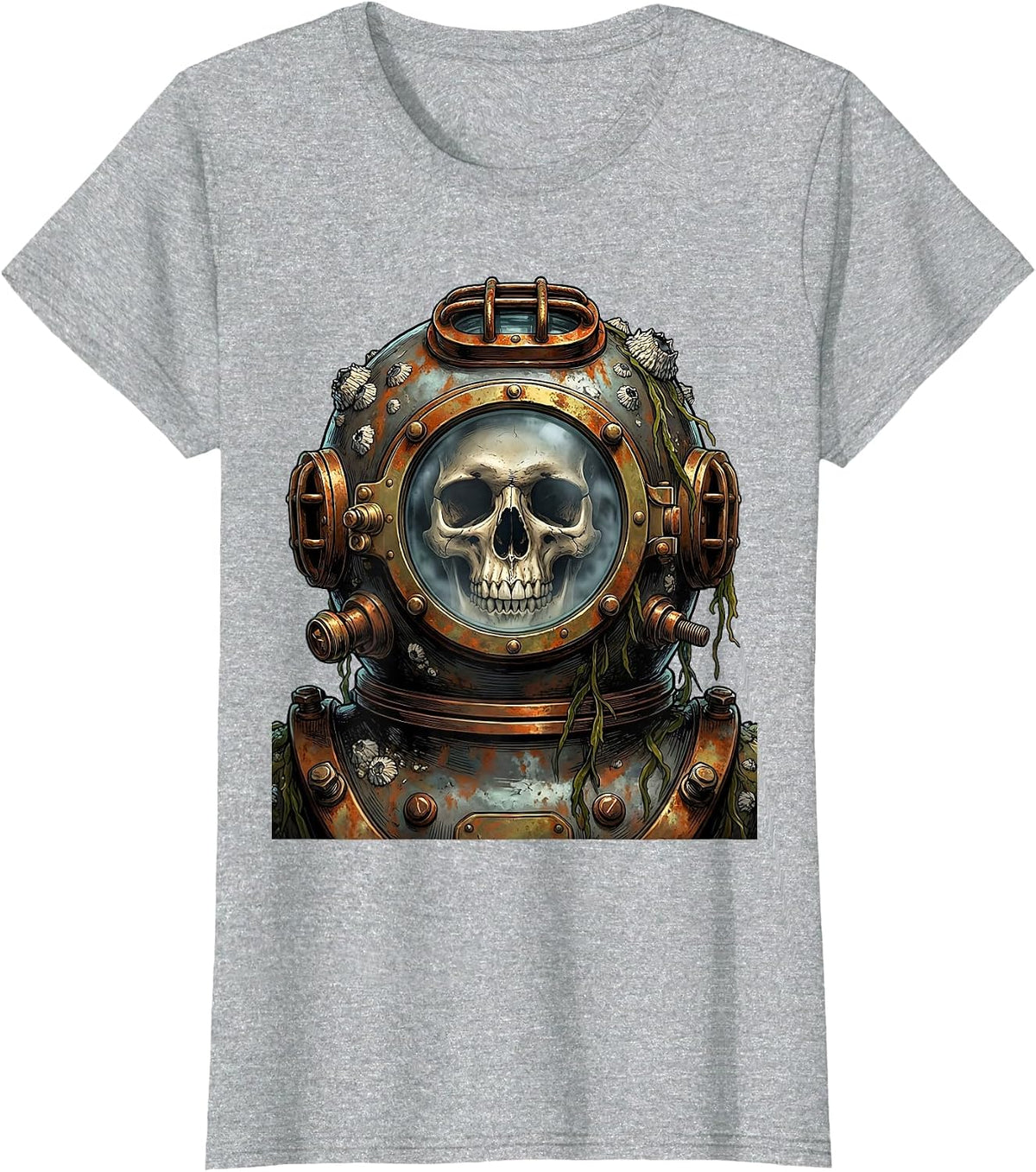 Skull in Vintage Deep Sea Diving Helmet T-Shirt - Heather Grey