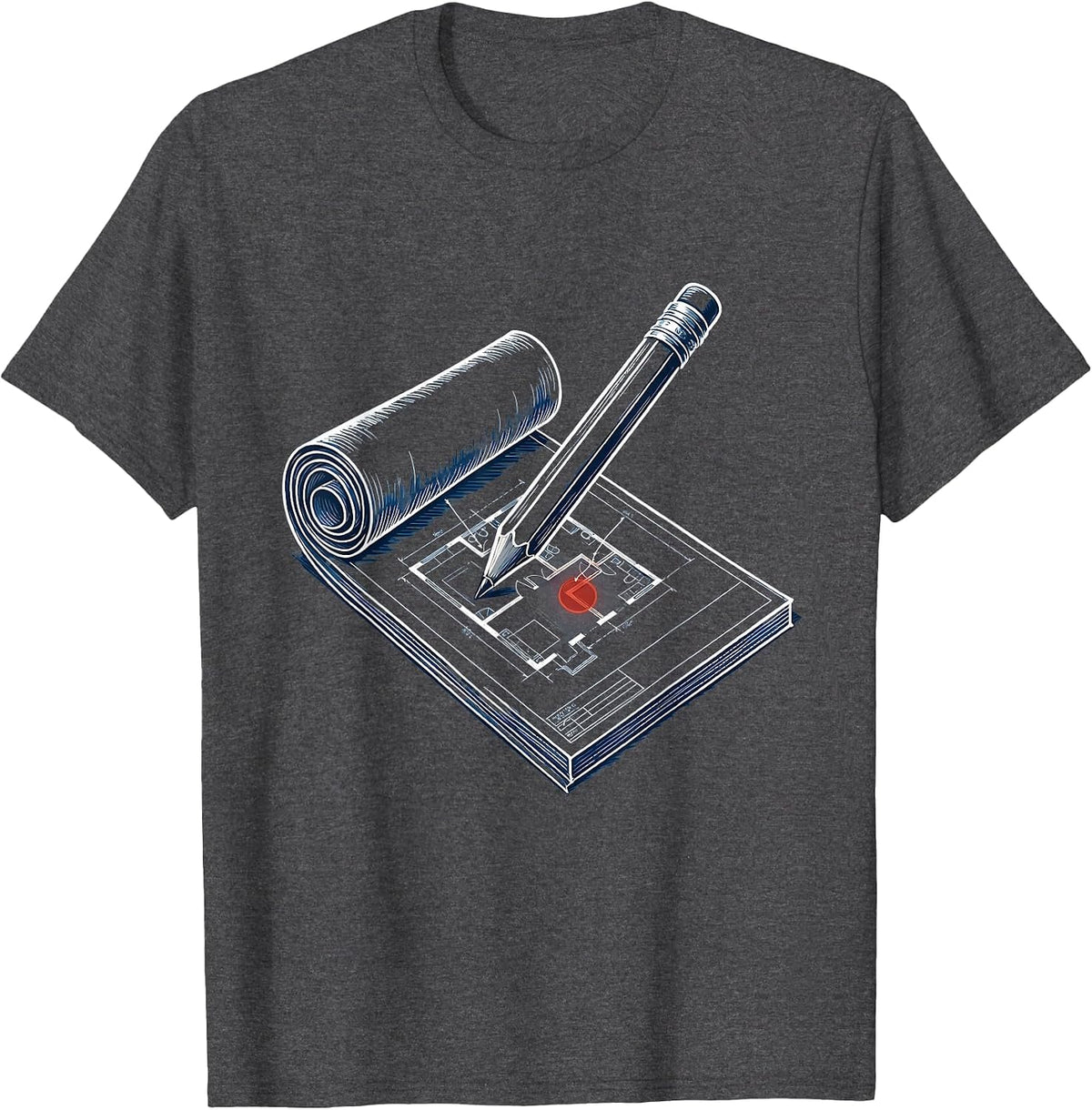 Blueprint Roll and Pencil Graphic Design T-Shirt - Dark Heather Grey