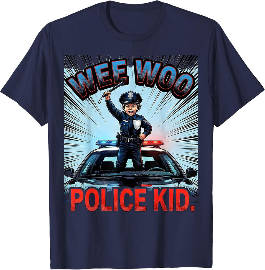Wee Woo Police Kid Comic Book Funny Kids Police Officer T-Shirt - Navy Blue