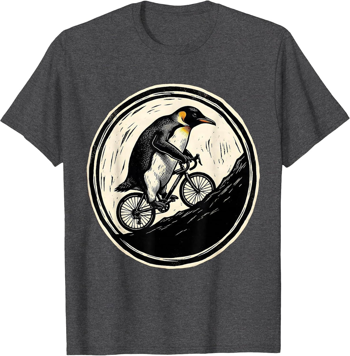 Penguin Riding a Bicycle Uphill Graphic T-Shirt - Dark Heather Grey
