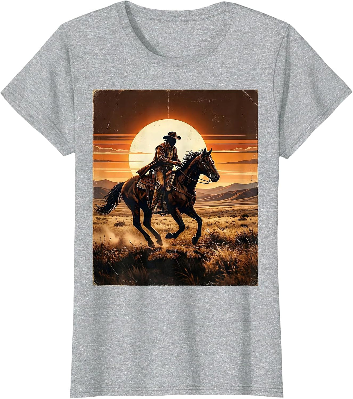 Lone Rider Horseback Sunset Freedom Graphic T-Shirt - Heather Grey