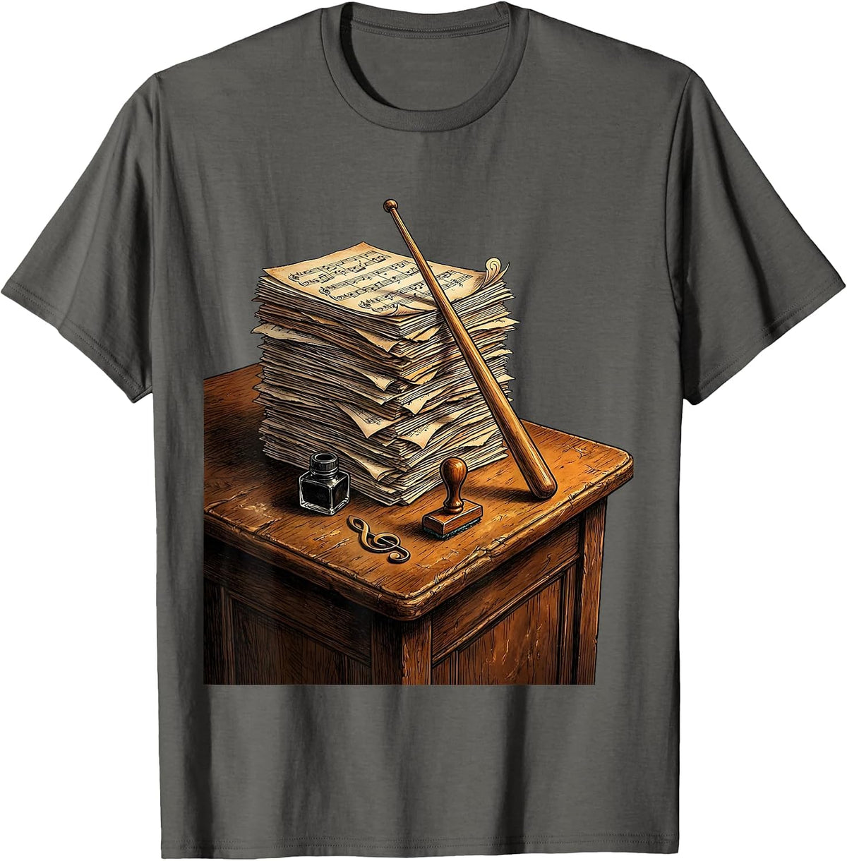 Music Teacher Worn Desk Stacked Sheet Music Art T-Shirt - Asphalt Grey