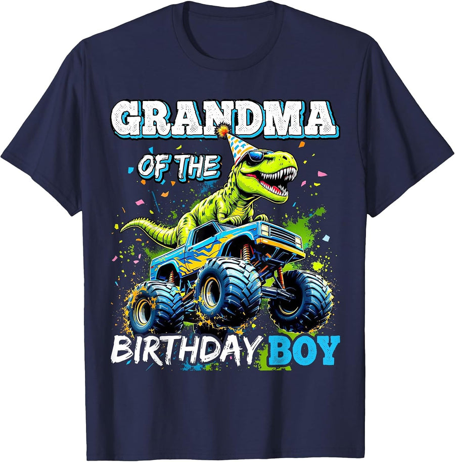Grandma of the Birthday Boy Monster Truck Dinosaur Party T-Shirt - Navy Blue