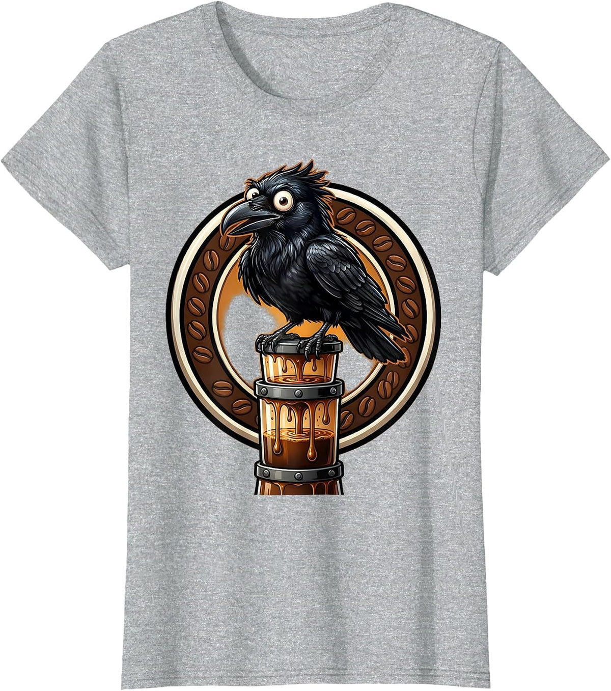 Crow Perched on Drip Coffee Tower Illustration T-Shirt - Heather Grey