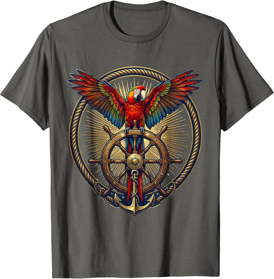 Tropical Parrot Ship Steering Wheel Cruise T-Shirt - Asphalt Grey