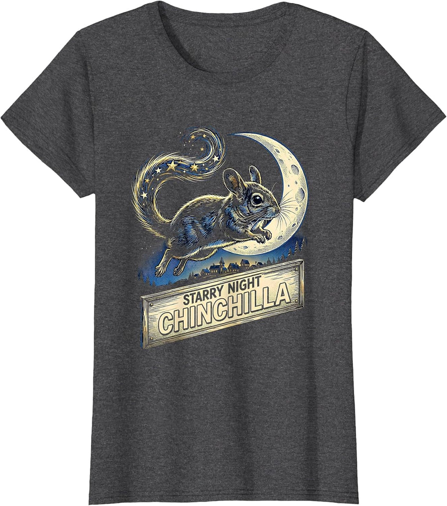 Women's Starry Night Chinchilla Comic Book Art Animal Lover Gift T-Shirt - Dark Heather Grey
