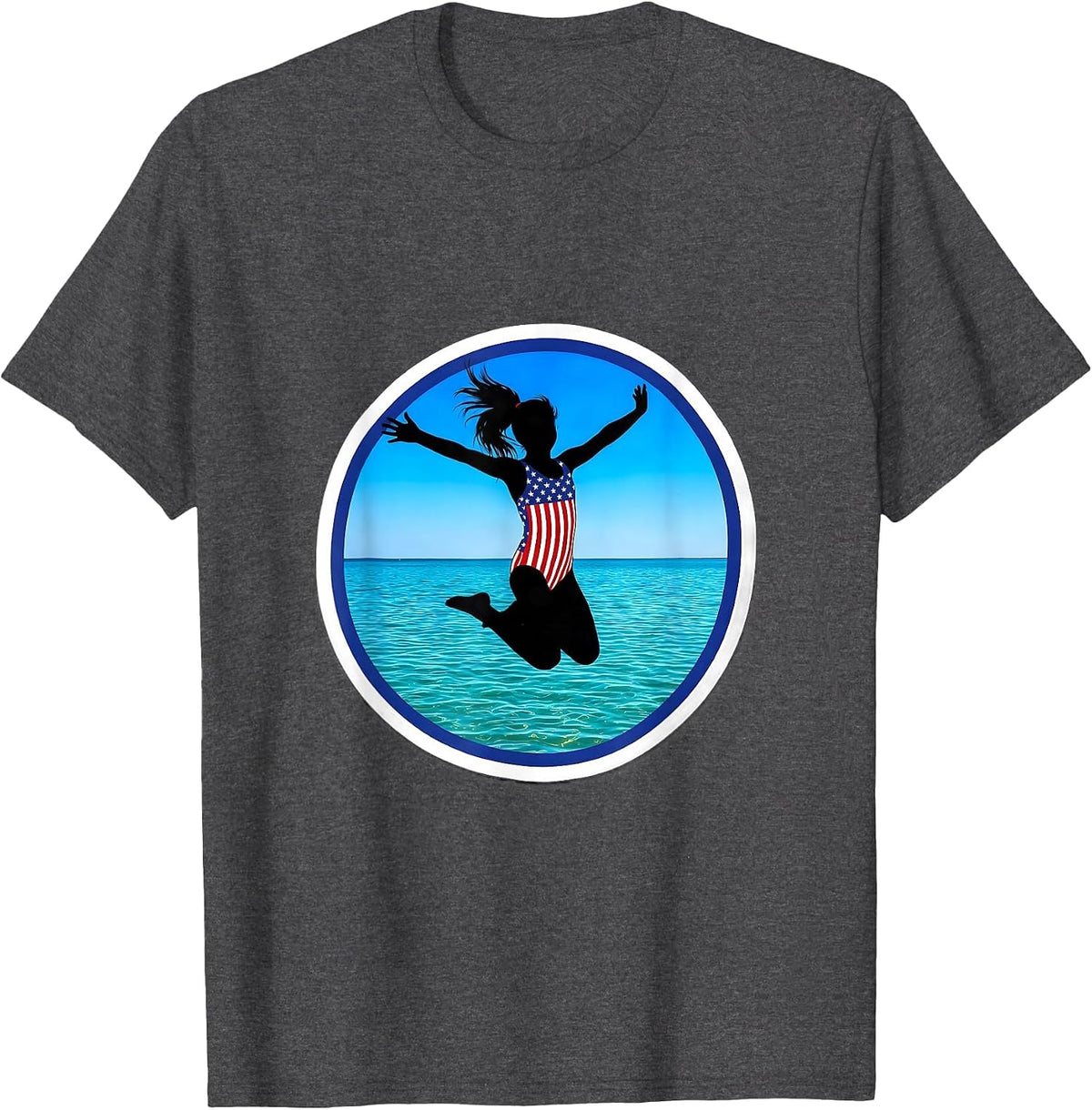 Stars and Stripes Lake Jump Patriotic Design T-Shirt - Dark Heather Grey