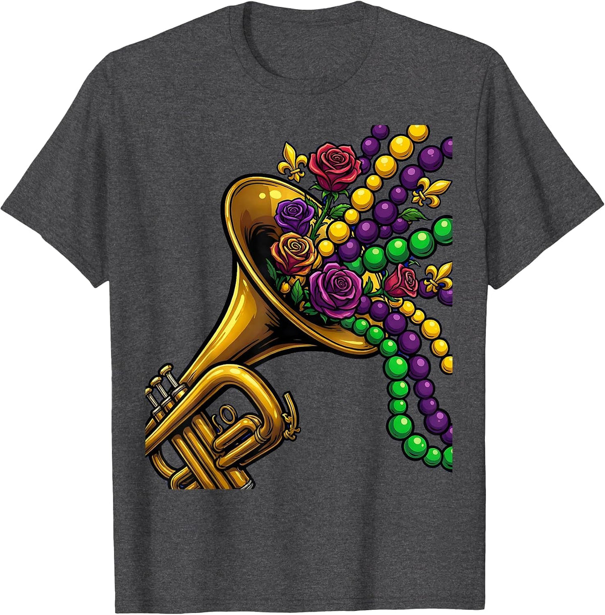Mardi Gras Trumpet Blooms and Beads Illustration T-Shirt - Dark Heather Grey