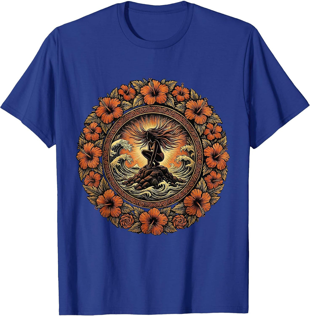 Hawaiian Girl Climbing Lava Rock Ocean Waves T-Shirt - Royal Blue