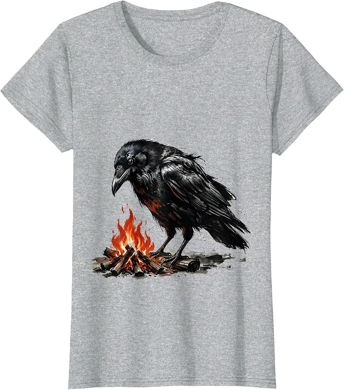 Women's Crow Campfire Wilderness Night Graphic T-Shirt - Heather Grey
