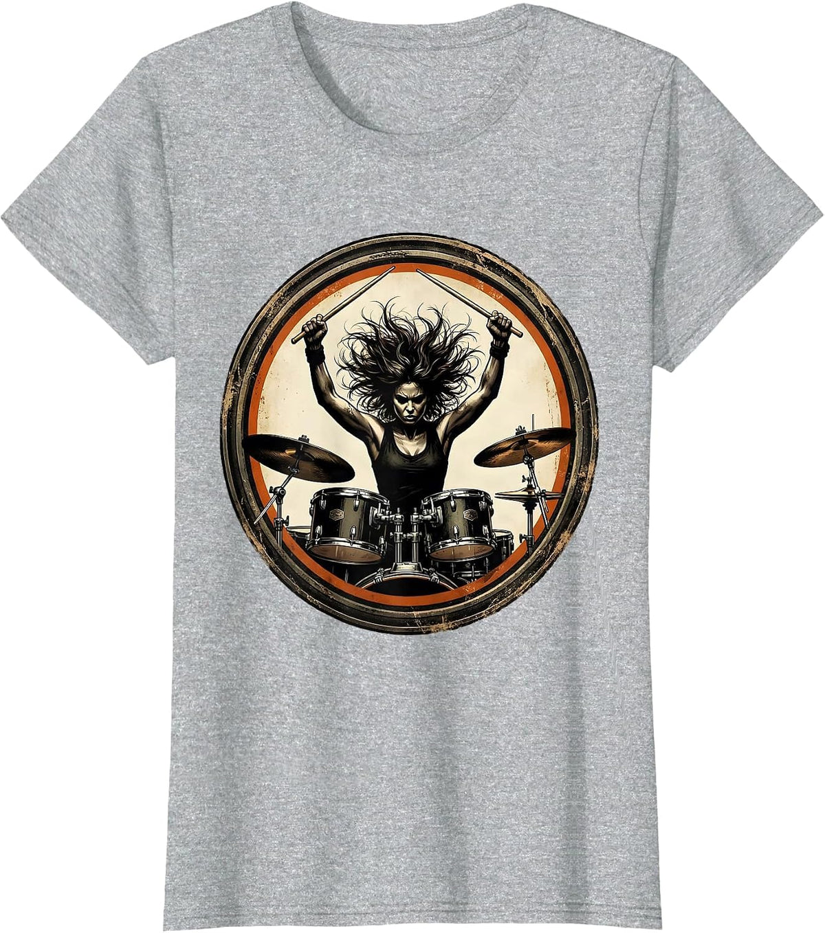 Fierce Drummer Mid-Strike Overhead Illustration T-Shirt - Heather Grey