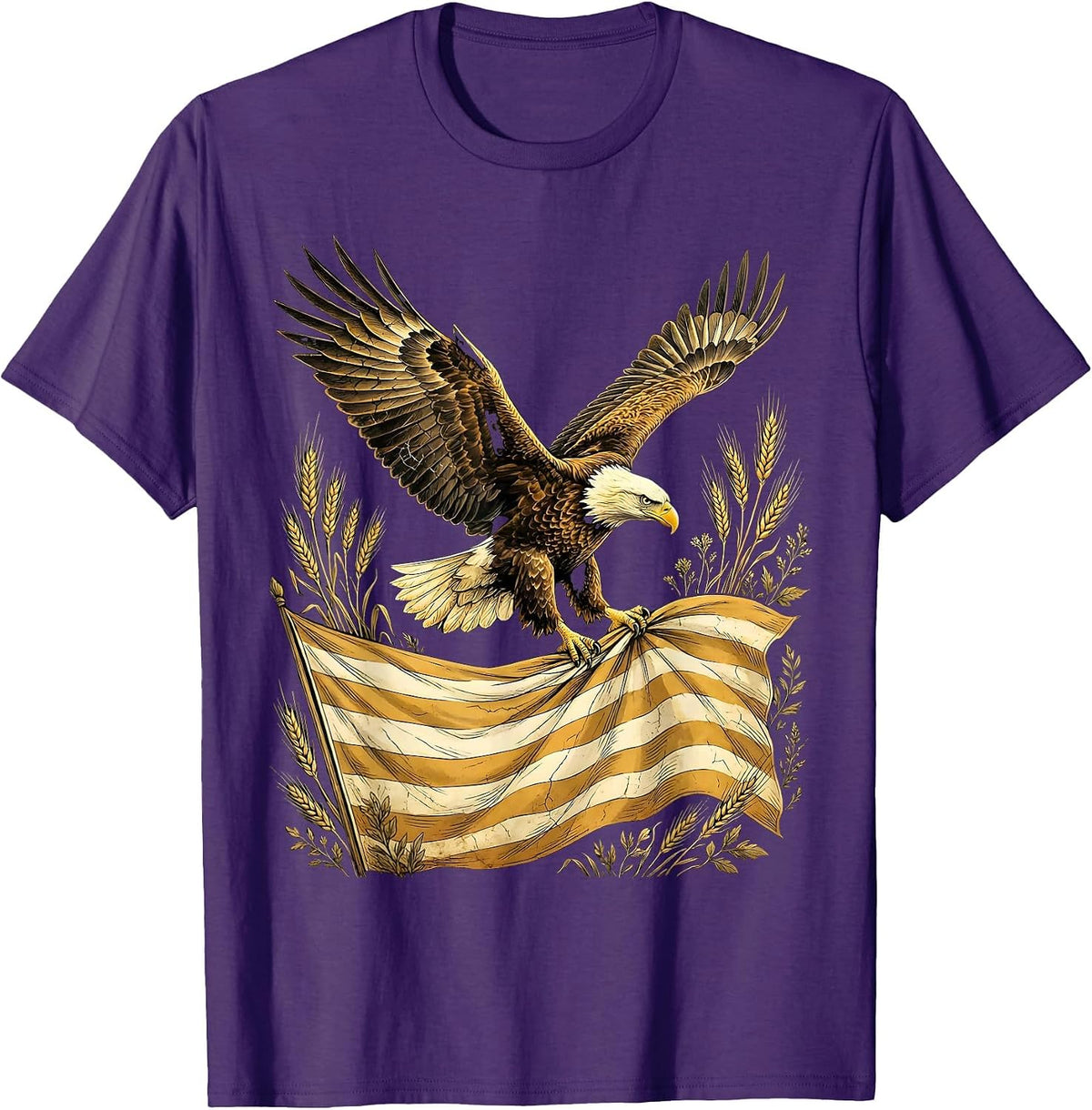 Men's Bald Eagle in Flight Over Waving Flag Illustration T-Shirt - Purple