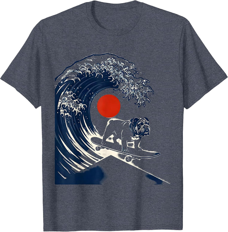 English Bulldog Japanese Kanagawa Wave Surfing Dog Breed T-Shirt - Heather Blue