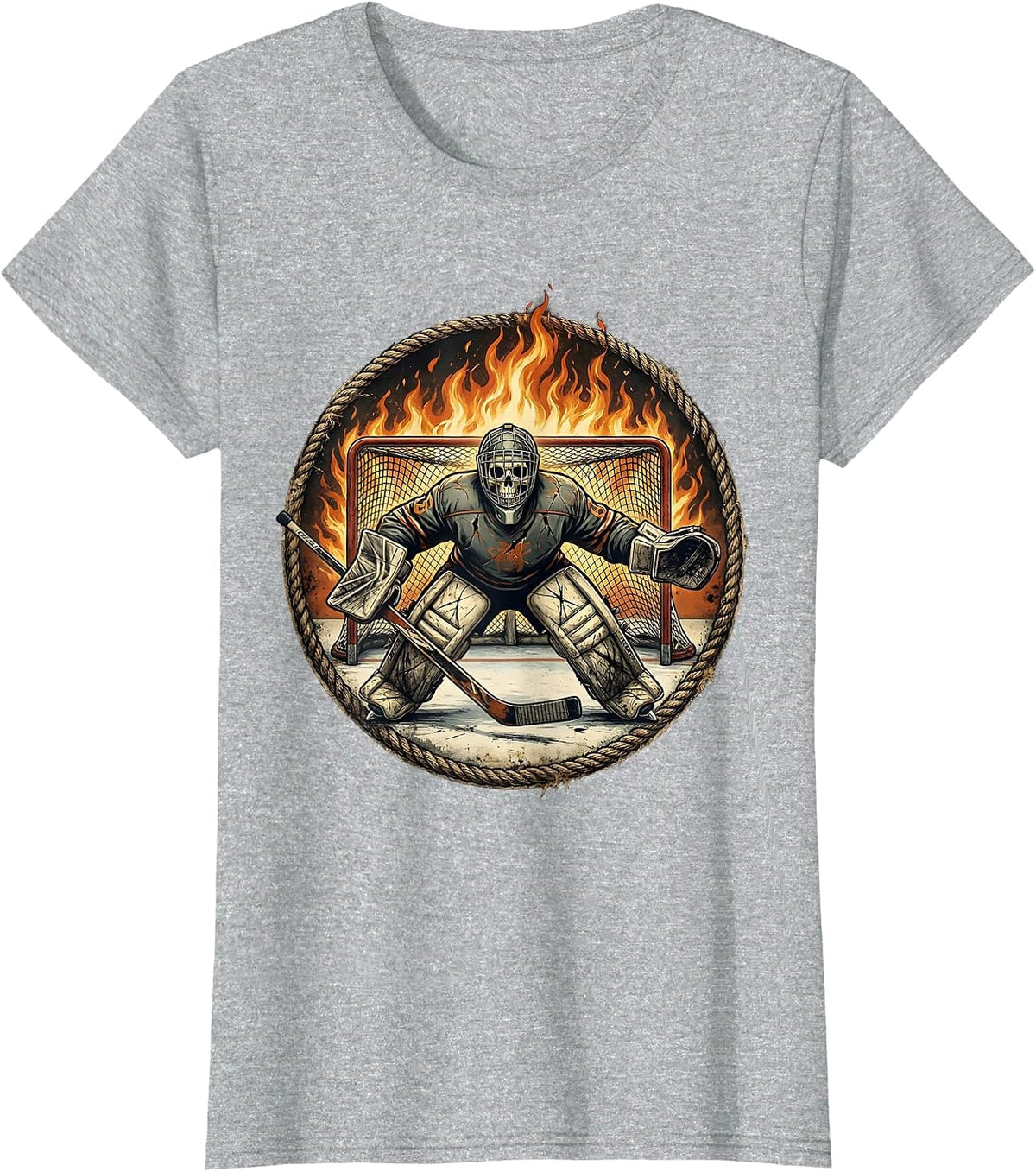 Skeleton Goalie Flaming Net Hockey Graphic T-Shirt - Heather Grey
