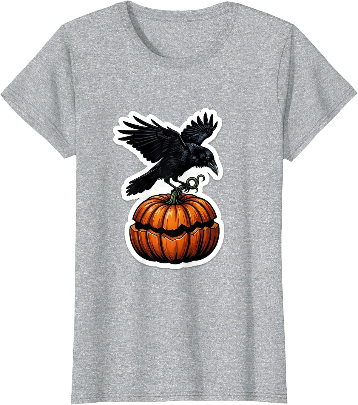 Crow Perched on Pumpkin Patch Fall Design T-Shirt - Heather Grey