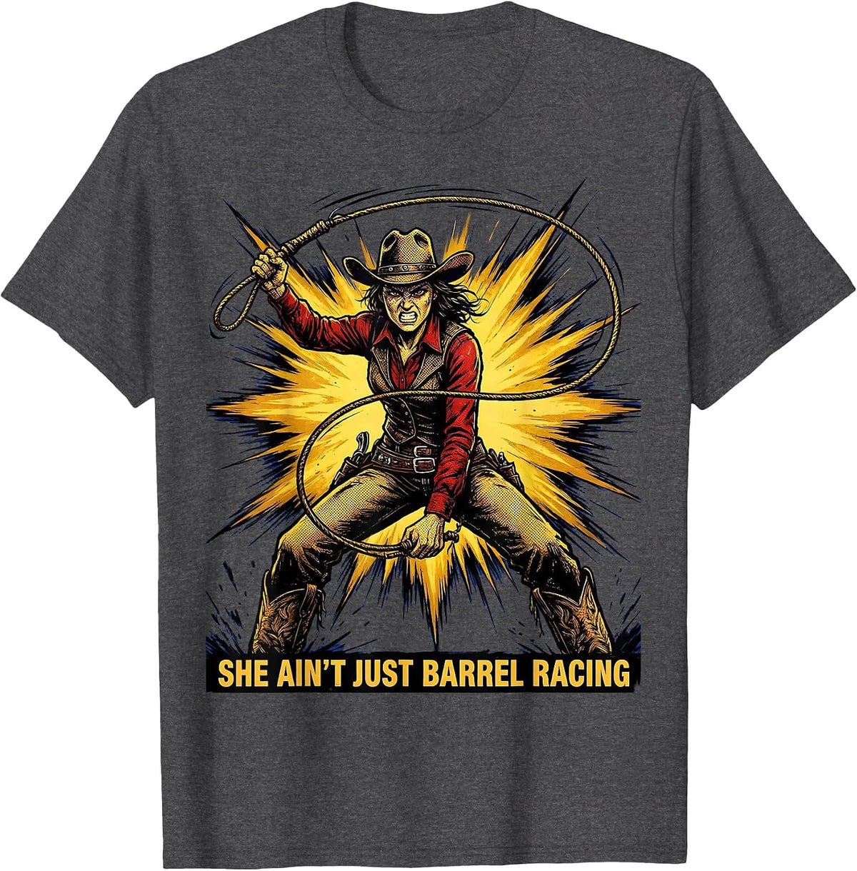 She Ain't Just Barrel Racing Rodeo Design T-Shirt - Dark Heather Grey