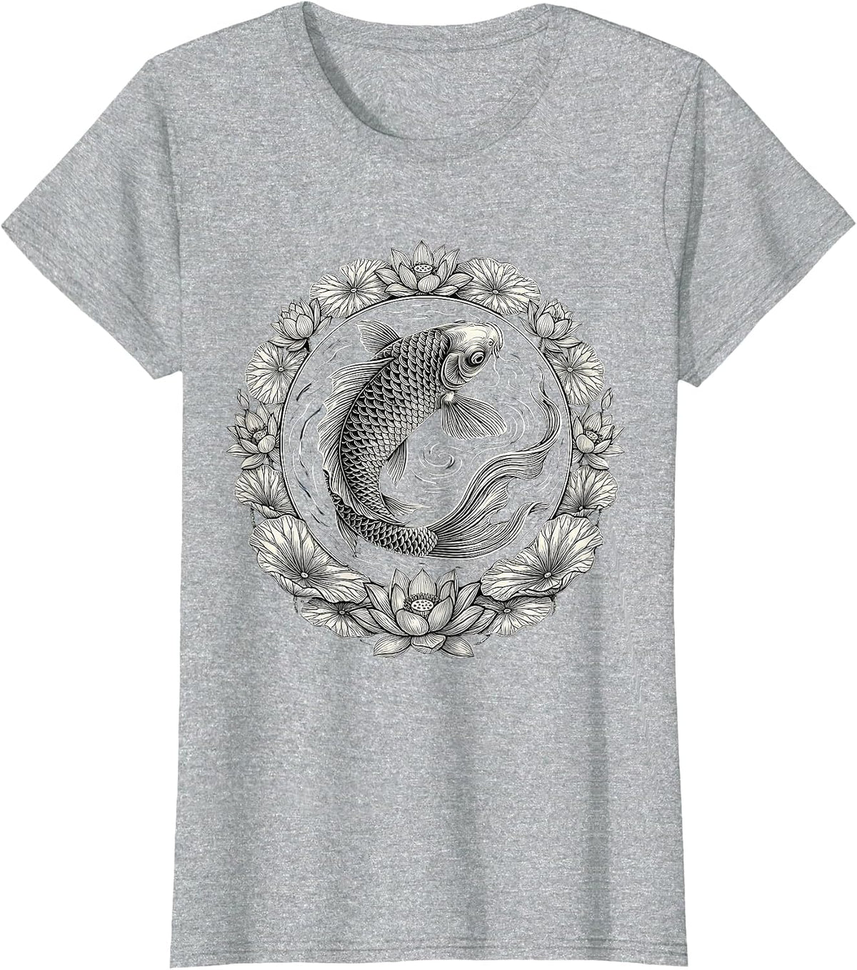 Koi Fish and Lily Pad Detailed Illustration T-Shirt - Heather Grey