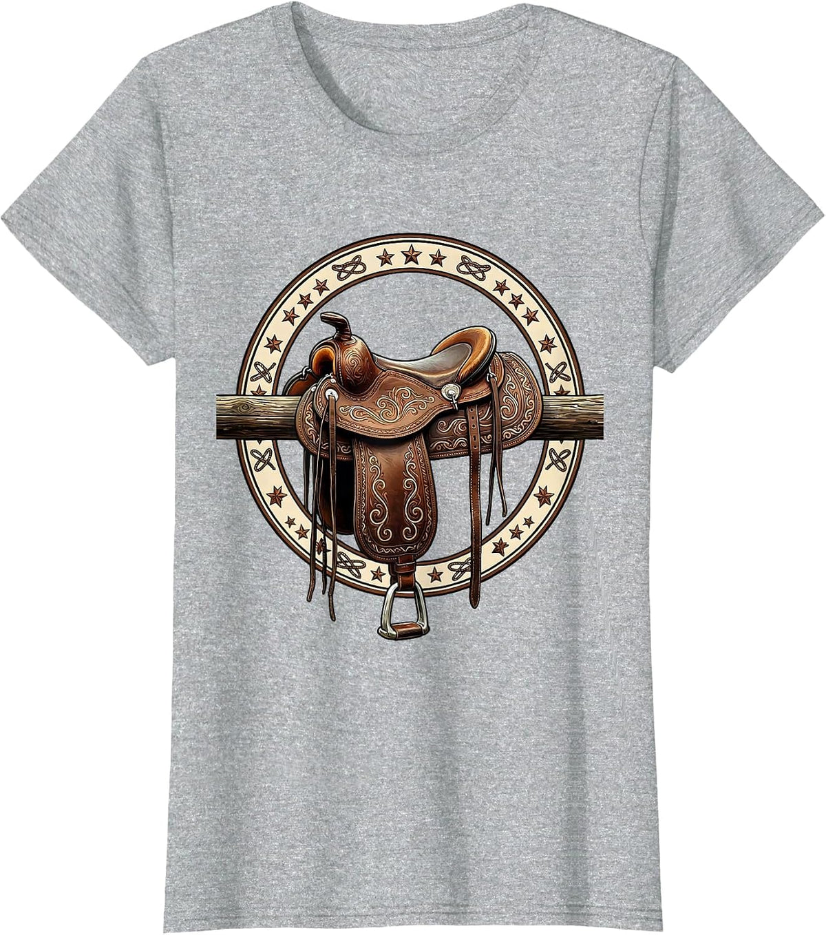 Saddle on Fence Rail Cowboy Western Graphic T-Shirt - Heather Grey