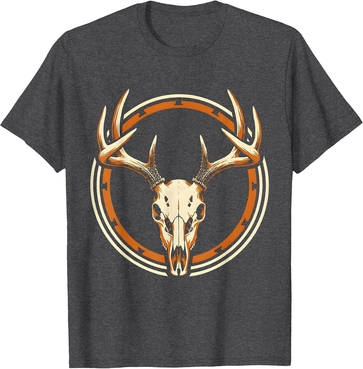 Whitetail Deer Skull With Antlers Hunting Design T-Shirt - Dark Heather Grey
