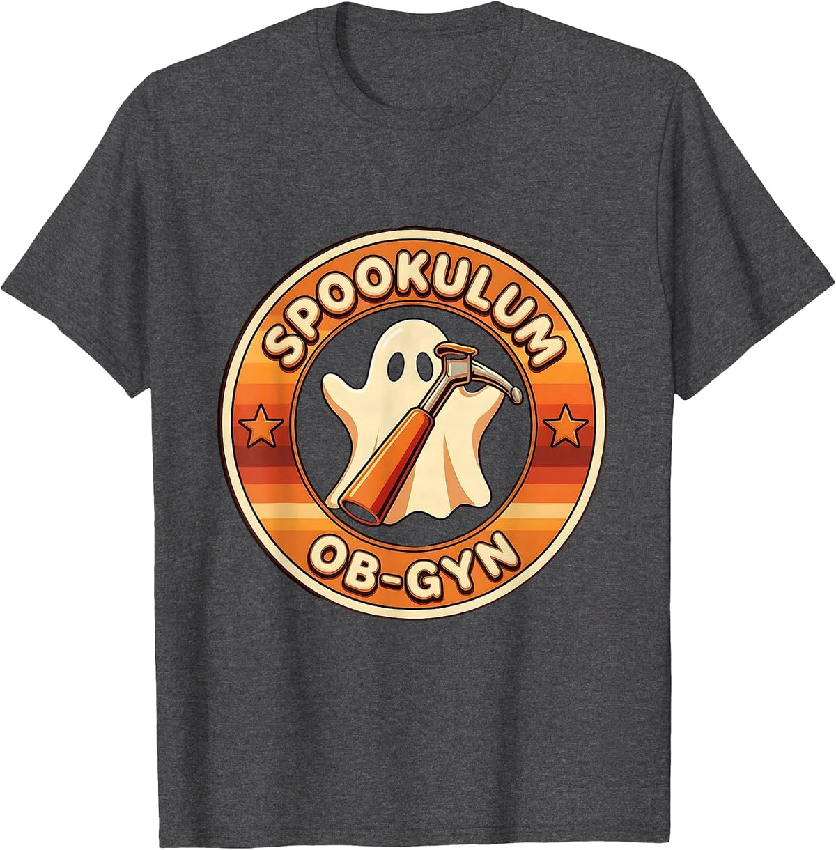 Men's Spookulum OB-GYN Retro 70s Halloween Nurse Medical Humor T-Shirt - Dark Heather Grey