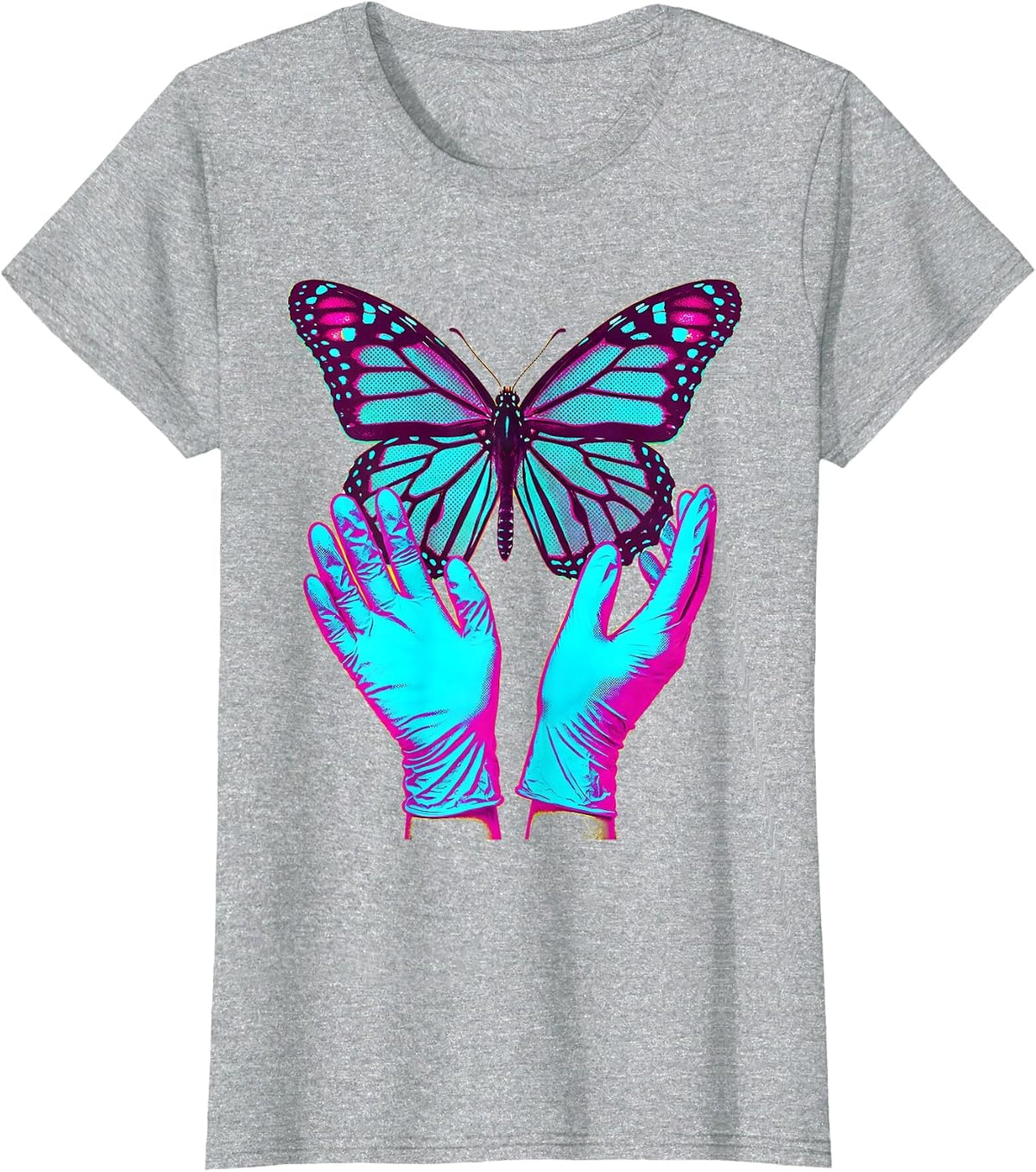 Nurse Surgical Gloves Butterfly Graphic Tee T-Shirt - Heather Grey
