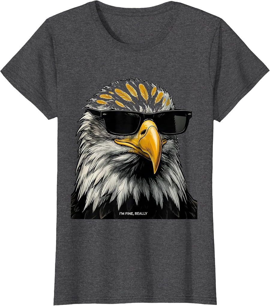 Women's I'M FINE, REALLY Midcentury Modern Bald Eagle Sunglasses T-Shirt - Dark Heather Grey