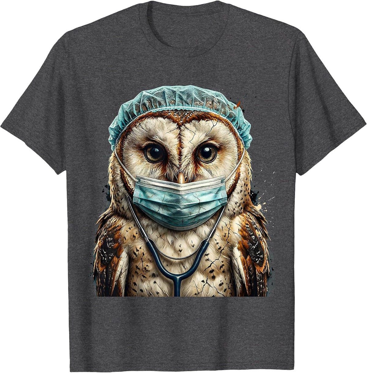 Men's Nurse Owl Surgical Mask and Cap Illustration T-Shirt - Dark Heather Grey