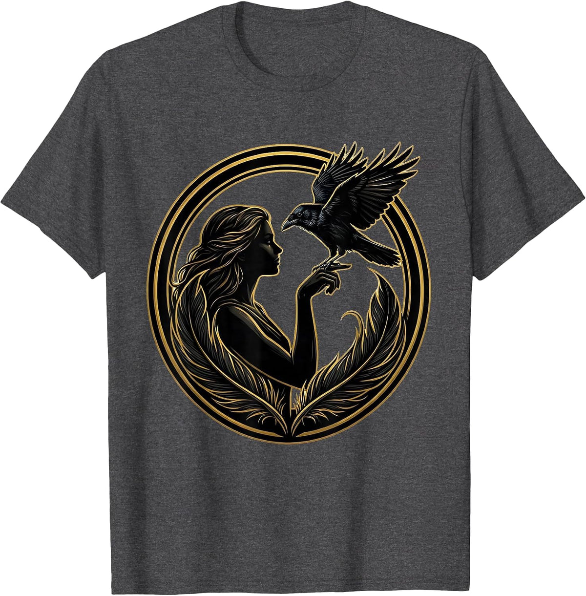 Men's Woman and Crow Illustration Nature Art Design T-Shirt - Dark Heather Grey