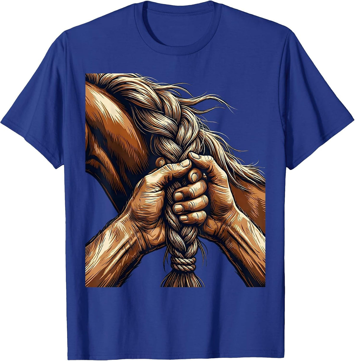 Horse Mane Braid Weathered Hands Rodeo Illustration T-Shirt - Royal Blue